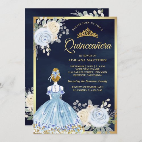 Pastel Blue Floral Dress Navy Gold Quinceanera Invitation