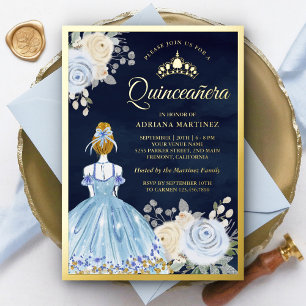 Pastel Blue Floral Dress Navy Quinceanera Gold Foil Invitation