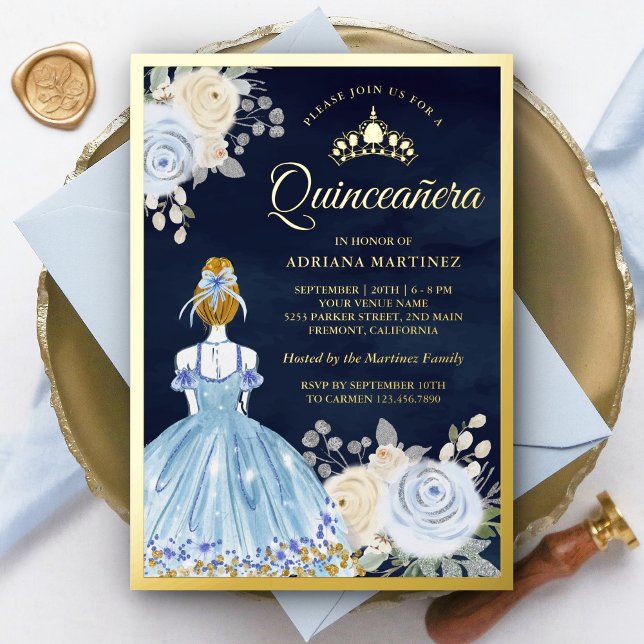 Pastel Blue Floral Dress Navy Quinceanera Gold Foil Invitation (Creator Uploaded)