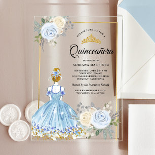 Pastel Blue Floral Dress Princess Gold Quinceanera Acrylic Invitations