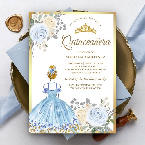 Pastel Blue Floral Dress Princess Gold Quinceanera Invitation