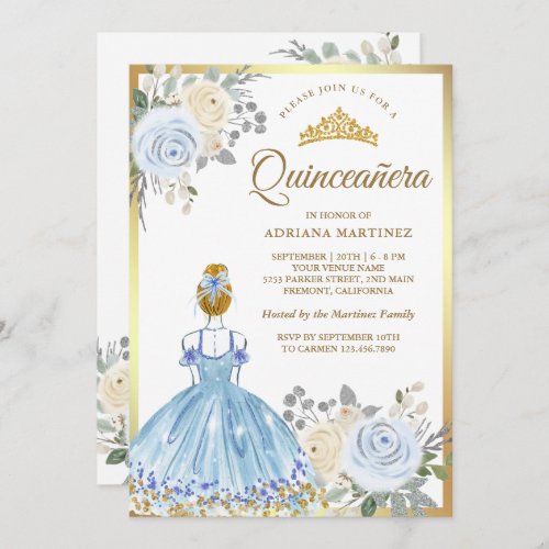 Pastel Blue Floral Dress Princess Gold Quinceanera Invitation