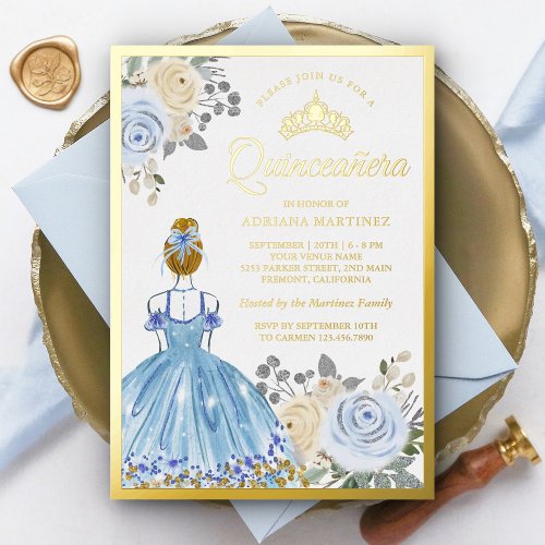 Pastel Blue Floral Dress Princess Quinceanera Gold Foil Invitation