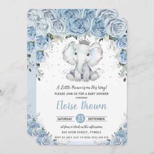 Pastel Blue Floral Elephant Prince Boy Baby Shower Invitation