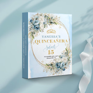 Pastel Blue Floral Gold Tiara Sweet 15 Ring Binder