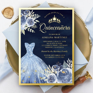 Pastel Blue Floral Gown Navy Quinceanera Gold Foil Invitation
