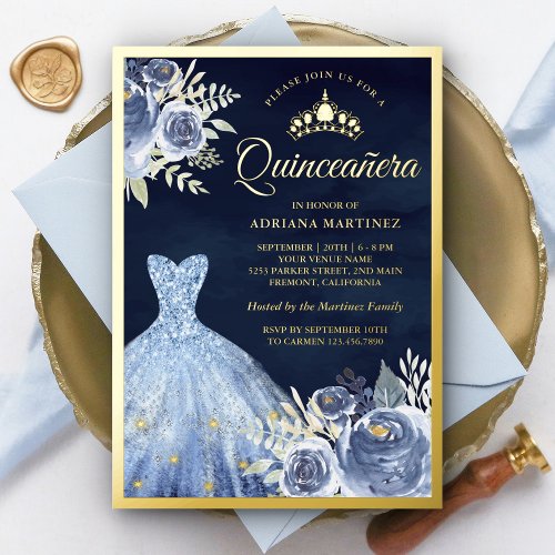 Pastel Blue Floral Gown Navy Quinceanera Gold Foil Invitation