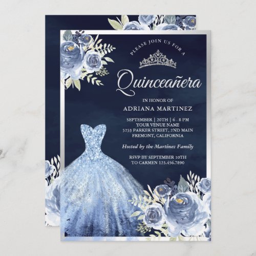 Pastel Blue Floral Gown Navy Silver Quinceanera Invitation