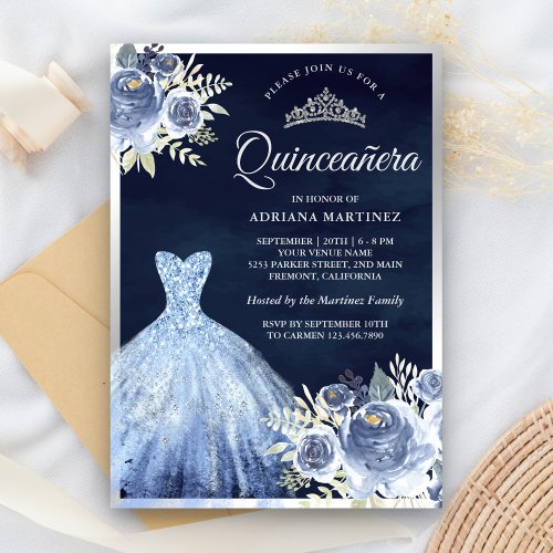 Pastel Blue Floral Gown Navy Silver Quinceanera Invitation