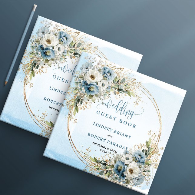 Pastel Blue Floral Greenery Gold Glitter Sign In Guest Book (Pastel Blue Floral Greenery Gold Glitter Guest Book

)