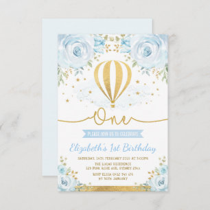Pastel Blue Floral Hot Air Balloon 1st Birthday Invitation