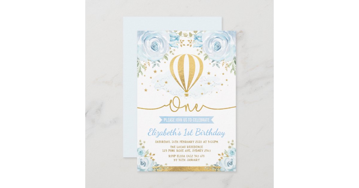 Pastel Blue Floral Hot Air Balloon 1st Birthday Invitation | Zazzle.com