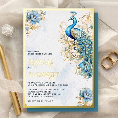 Pastel Blue Floral Indian Peacock Wedding Gold Foil Invitation