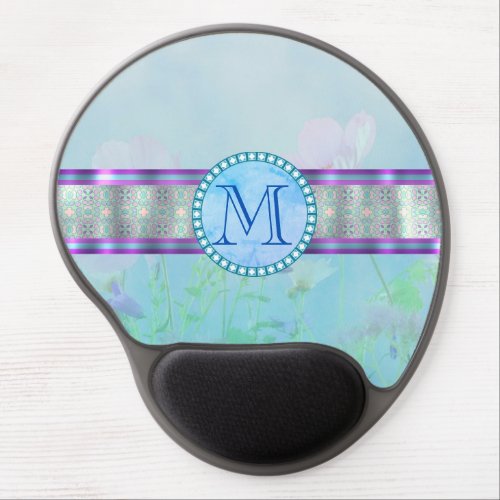 Pastel Blue Floral Monogram Gel Mouse Pad