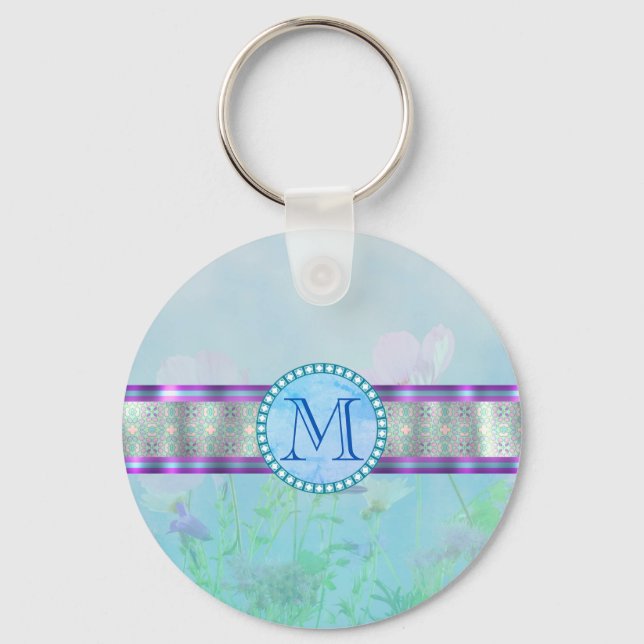 Pastel Blue Floral Monogram Keychain (Front)