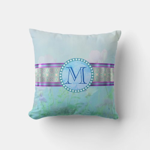 Pastel Blue Floral Monogram Throw Pillow