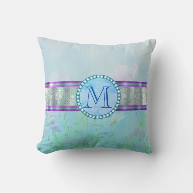 Pastel Blue Floral Monogram Throw Pillow (Front)