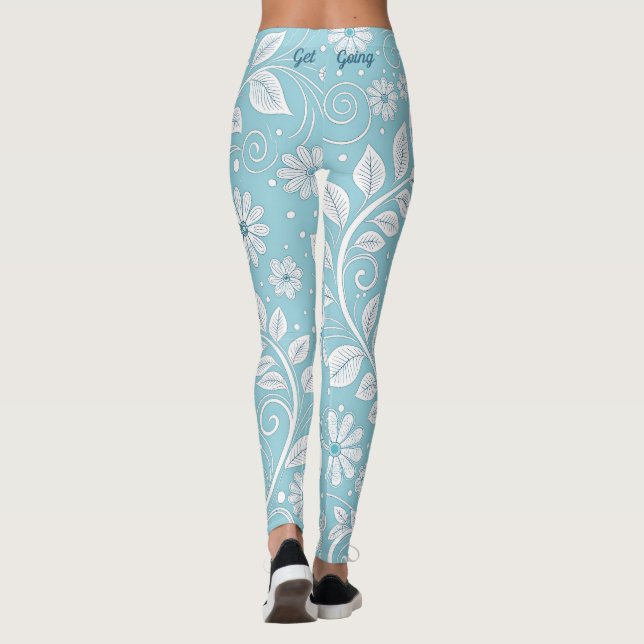 Pastel Blue Floral Pattern Leggings (Back)