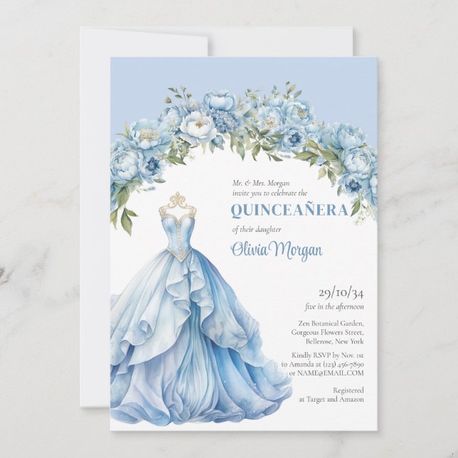 Pastel blue floral peonies Formal Gown Quinceañera Invitation (Front)