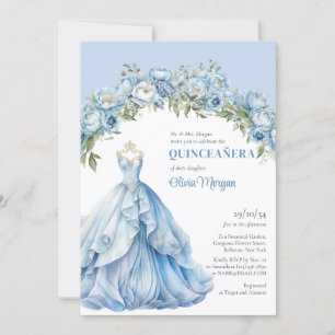 Pastel blue floral peonies Formal Gown Quinceañera Invitation