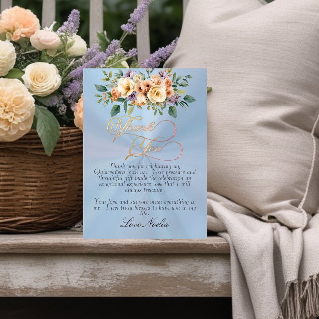 Pastel Blue - Floral & Silver Tiara Quinceanera Thank You Card (Creator Uploaded)