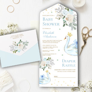 Pastel Blue Floral Swan Princess Baby Shower All In One Invitation
