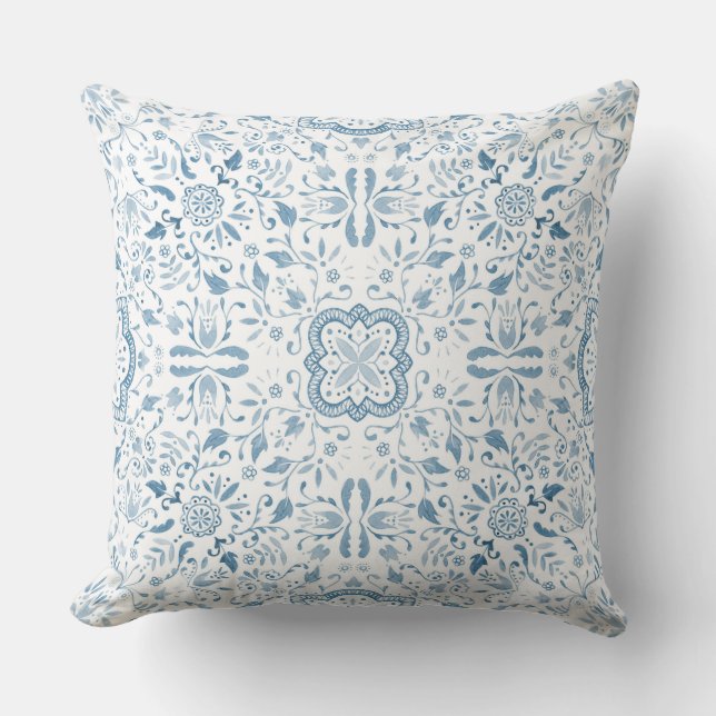 Pastel Blue Floral Swirls Pattern Throw Pillow (Front)