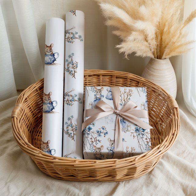 Pastel Blue Floral Tea Mice Wrapping Paper Sheets (Creator Uploaded)