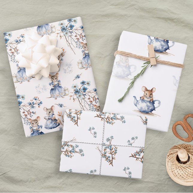 Pastel Blue Floral Tea Mice Wrapping Paper Sheets (Creator Uploaded)
