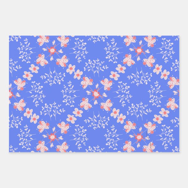 Pastel blue floral  wrapping paper sheets (Front)