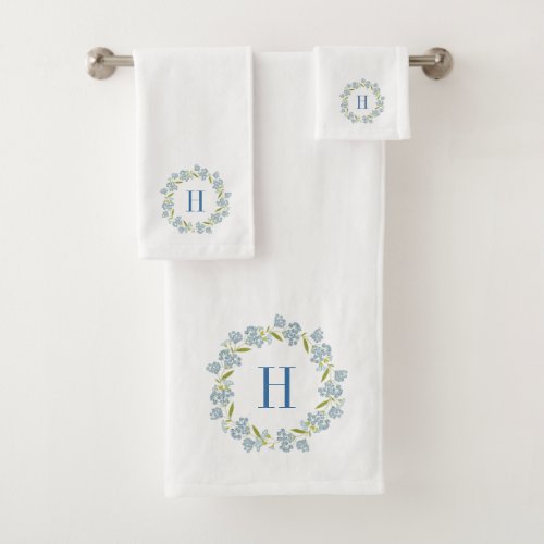 Pastel Blue Floral Wreath Custom Monogram Bath Towel Set