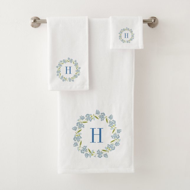 Pastel Blue Floral Wreath Custom Monogram Bath Towel Set (Insitu)