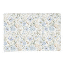 PASTEL BLUE FLOWERS AND TAN SEASHELLS & STRIPES
