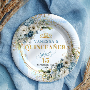 Pastel Blue Flowers Eucalyptus Gold Custom Quince  Paper Plates