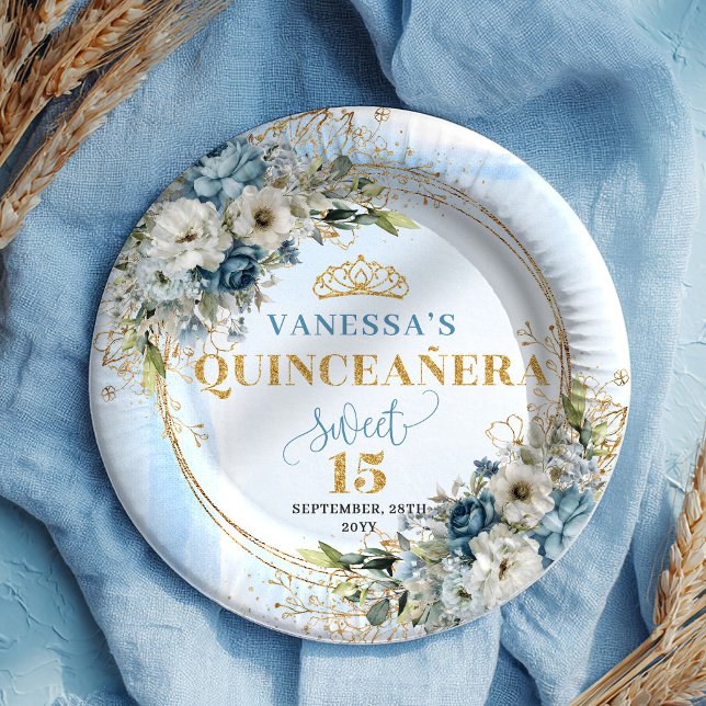 Pastel Blue Flowers Eucalyptus Gold Custom Quince  Paper Plates (Pastel Blue Flowers Eucalyptus Gold Custom Quince Plates)