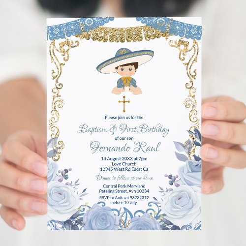 Pastel Blue Flowers Fiesta Baptism and Birthday   Invitation