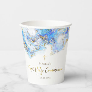 pastel blue fluid marble First Holy Communion Paper Cups