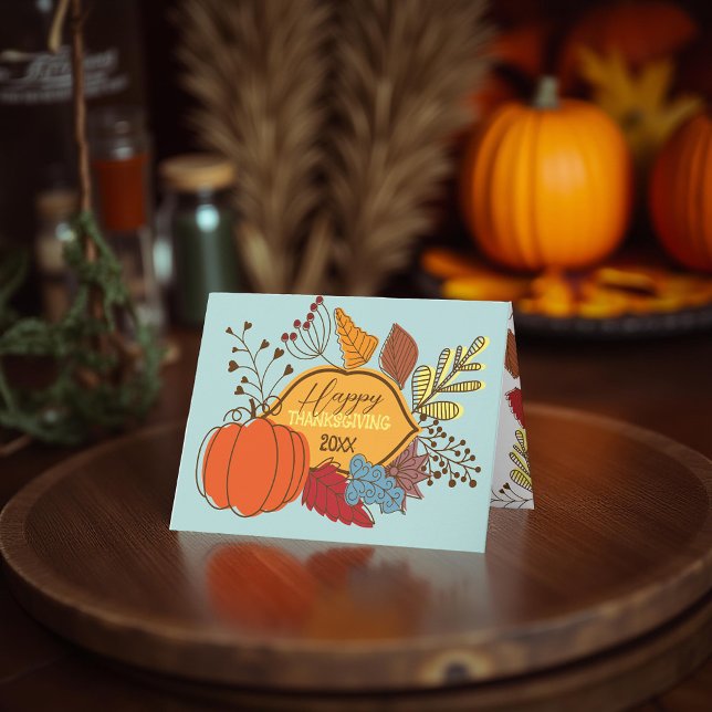 Pastel Blue Folk Art Pumpkin Thanksgiving Card (Creator Uploaded)