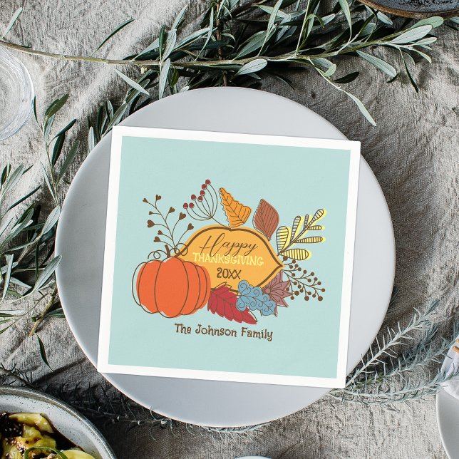  Pastel Blue Folk Art Pumpkin Thanksgiving Napkins (Creator Uploaded)