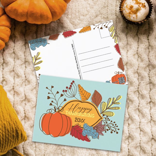 Pastel Blue Folk Art Pumpkin Thanksgiving Postcard (Creator Uploaded)
