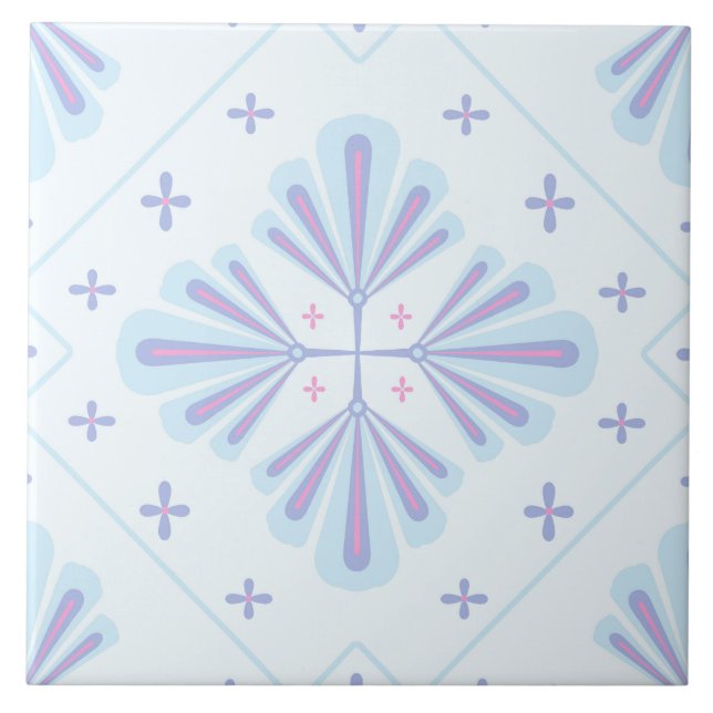 Pastel Blue Geometric Floral Pattern Ceramic Tile (Front)