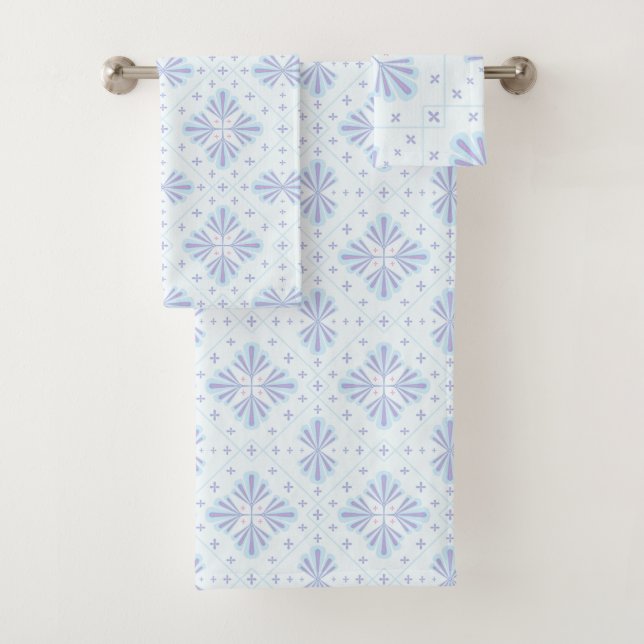 Pastel Blue Geometric Floral Repeat Pattern  Bath Towel Set (Insitu)