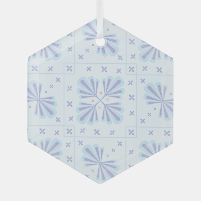 Pastel Blue Geometric Floral Repeat Pattern  Glass Ornament (Front)