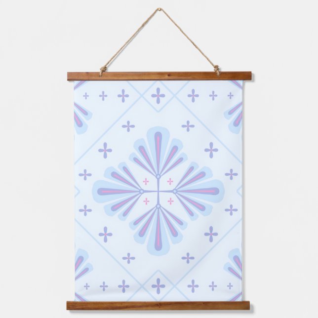 Pastel Blue Geometric Floral Repeat Pattern  Hanging Tapestry (Front)