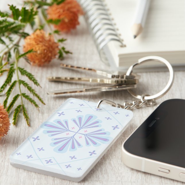 Pastel Blue Geometric Floral Repeat Pattern  Keychain (Front Right)
