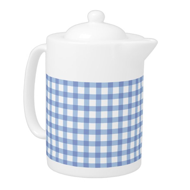 Pastel Blue Gingham Check Pattern Teapot (Left)