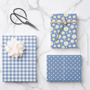 Pastel Blue Gingham Daisy Flower Polka Dot Pattern Wrapping Paper Sheets