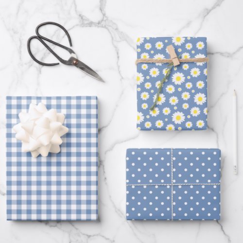 Pastel Blue Gingham Daisy Flower Polka Dot Pattern Wrapping Paper Sheets