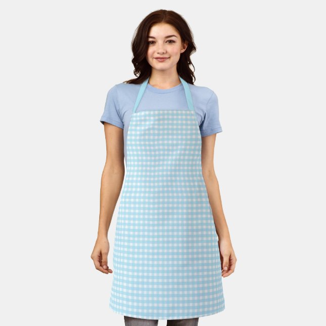 Pastel Blue Gingham Pattern Apron (Worn)