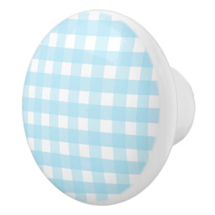 Pastel Blue Gingham Pattern Ceramic Knob